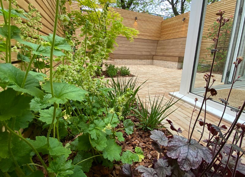The planting scheme is attractive yet minimalist, requires little maintenance, and contrasts beautifully with the high-quality materials and Scandinavian influences.