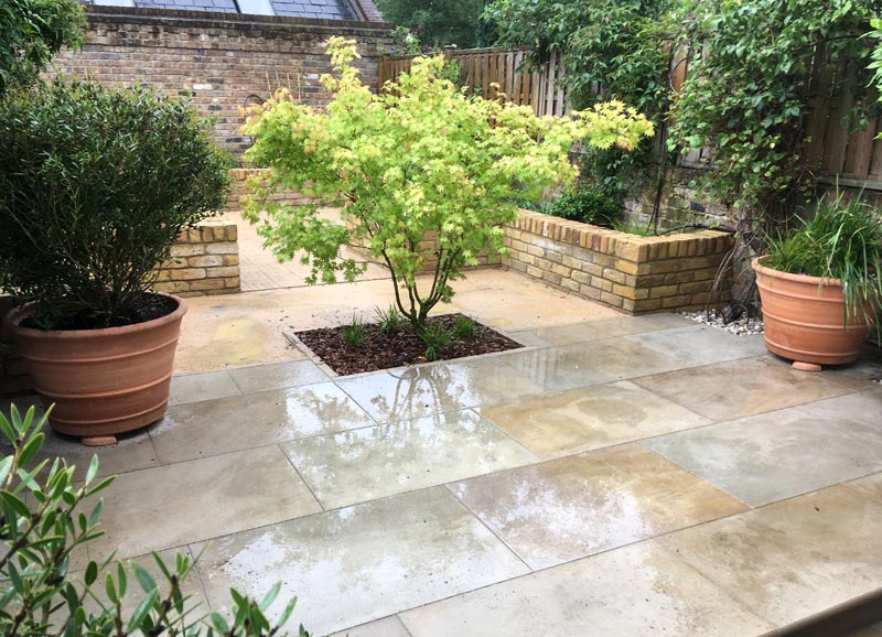 A specimen acer tree focal point and planting in large terracotta pots help to define the different zones.