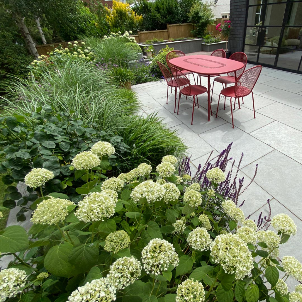 The grey limestone paving contrasts well against the lush mixed herbaceous, cottage/contemporary style planting.