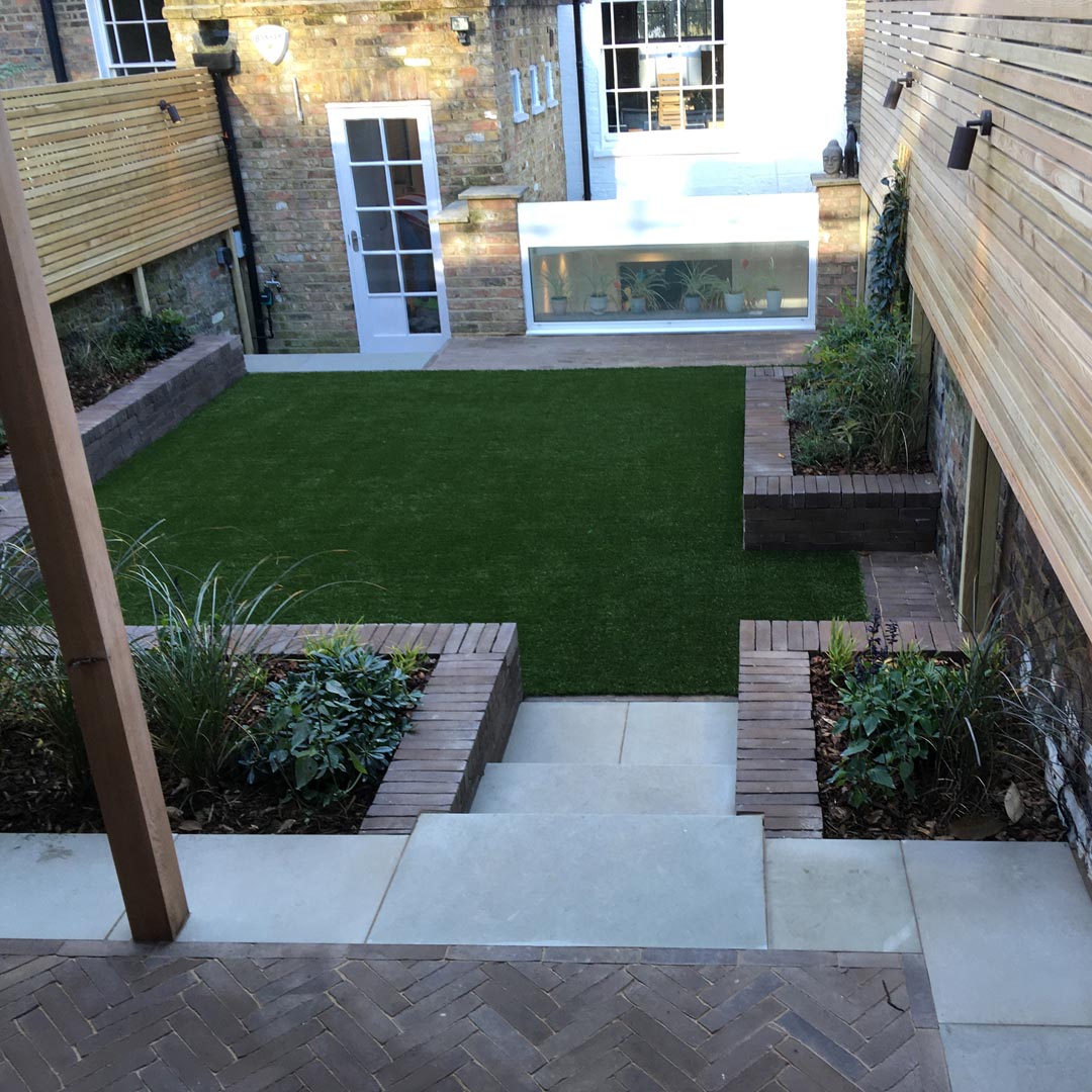 Standing on the raised patio, looking across a newly finished project in Islington.