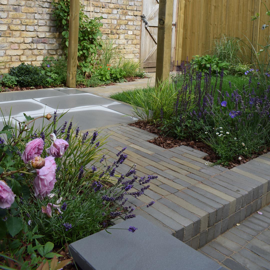Salvia staggered-bond paver paths leading to the upper patio and back gate is flanked with Lavender, Salvia, Rose, Erigeron and Hakonechloa.