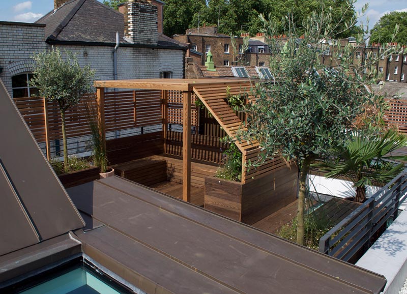 A contemporary roof terrace garden design in Bloomsbury, Central London WC1; a private oasis designed to complement the modern architecture.