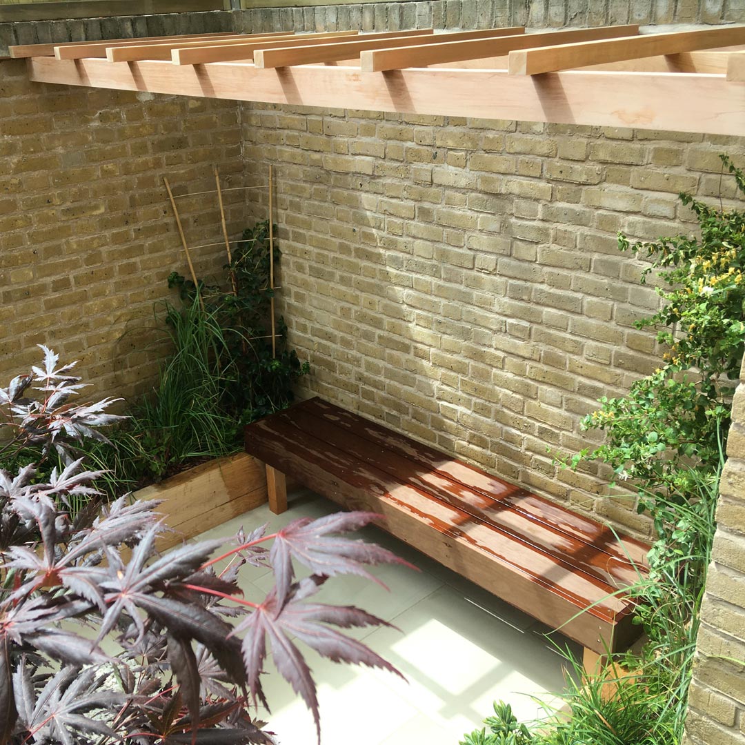 A cantilevered pergola structure to grow climbers such as Lonicera and Trachelospermum.