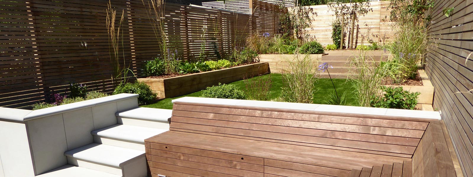 A contemporary terraced garden design in Leytonstone, near Wanstead, London E11, by professional landscapers Landspace.