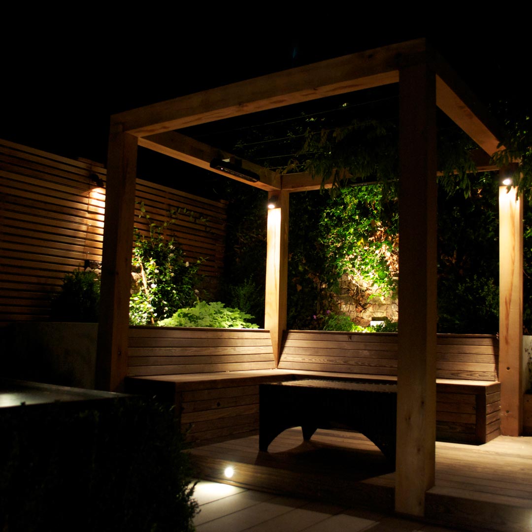 Raised deck with eyelet lights to illuminate the change in level.
