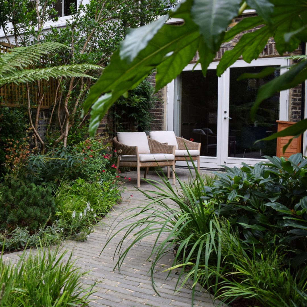 Seating close to the house. A place to sit and take in the morning sun and tropical style planting.